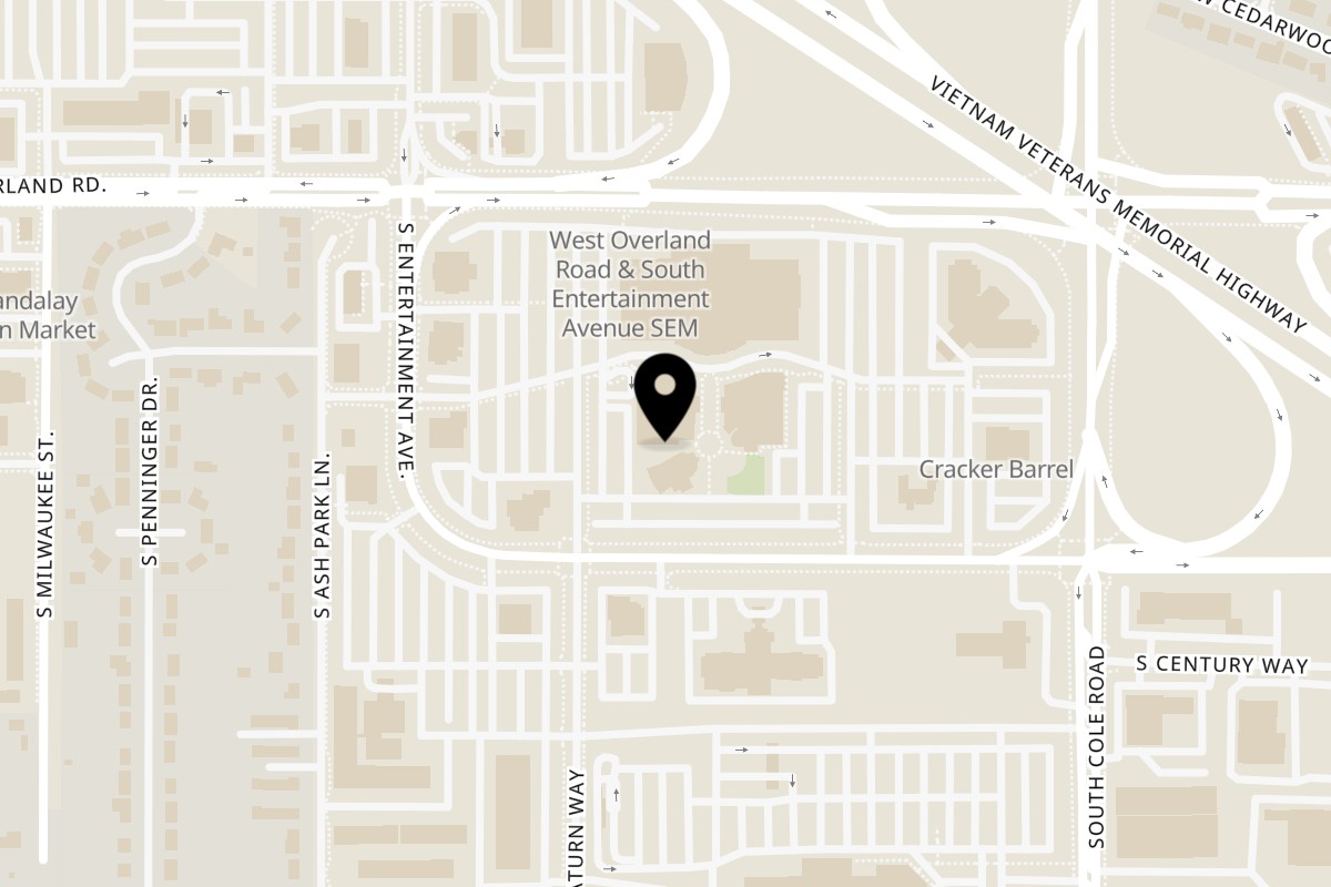 Map showing the location of The Crêperie Cafe on 7709 W Overland Rd #130 in Boise